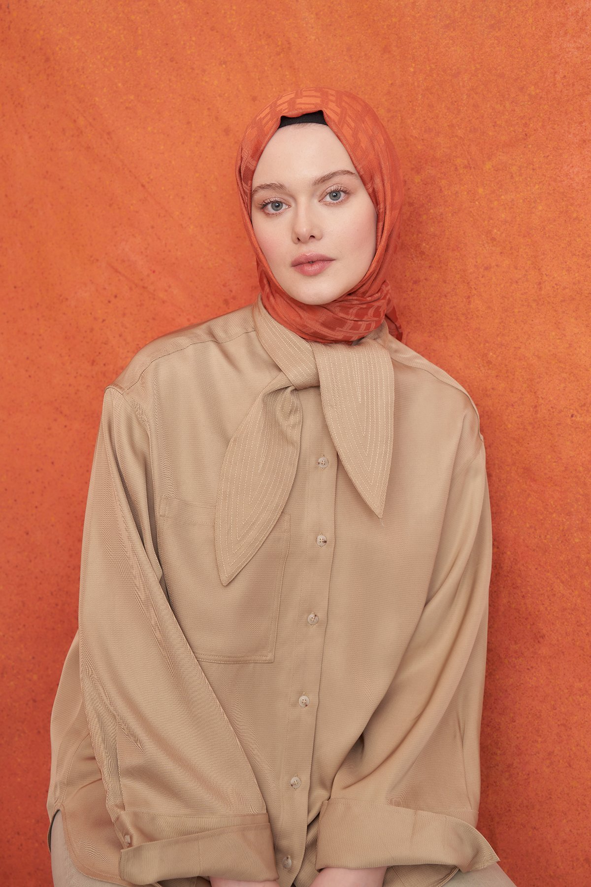 İTALYAN JAKAR BLOK DESEN ŞAL -  KİREMİT