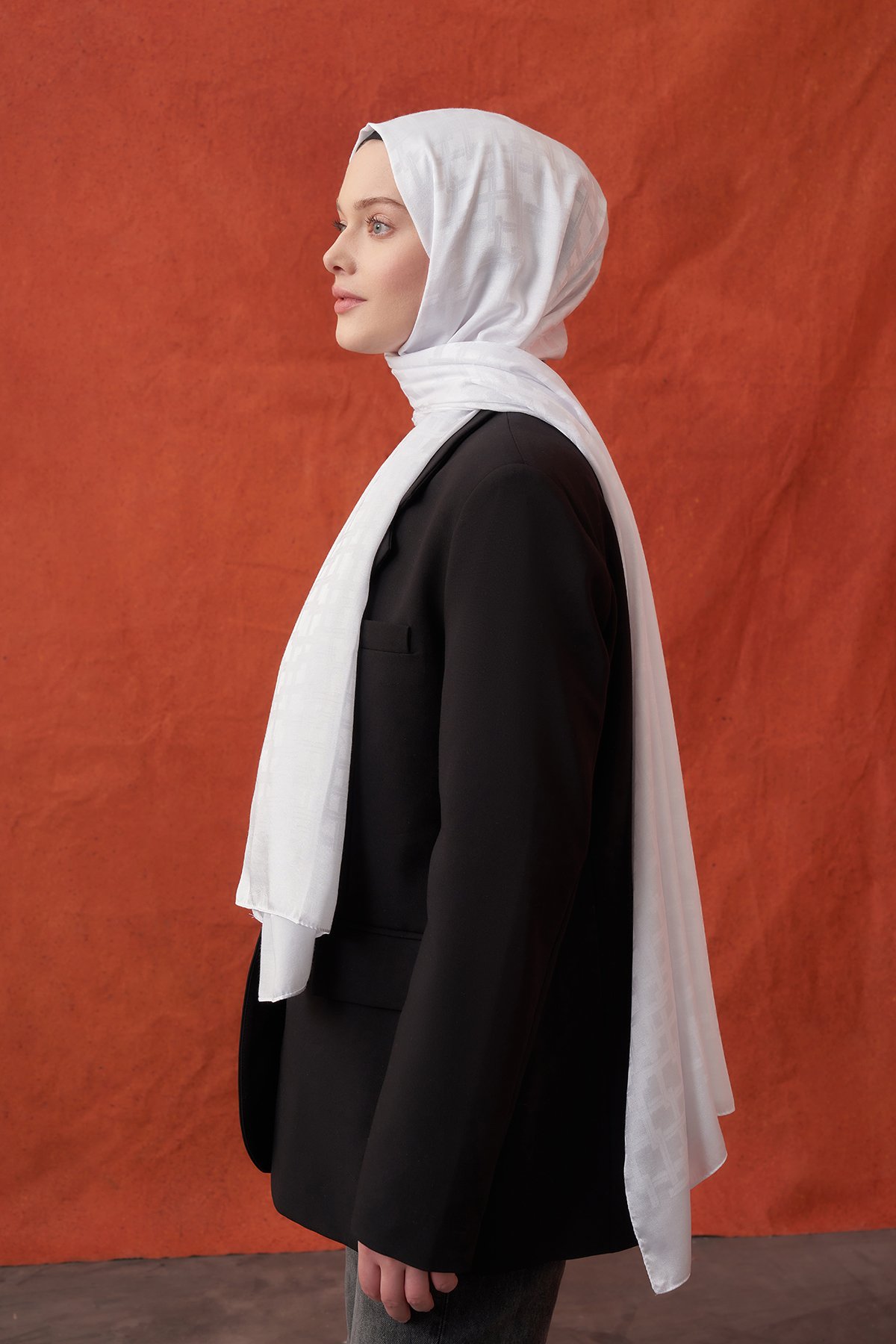 İTALYAN JAKAR BLOK DESEN ŞAL - KIRIK BEYAZ