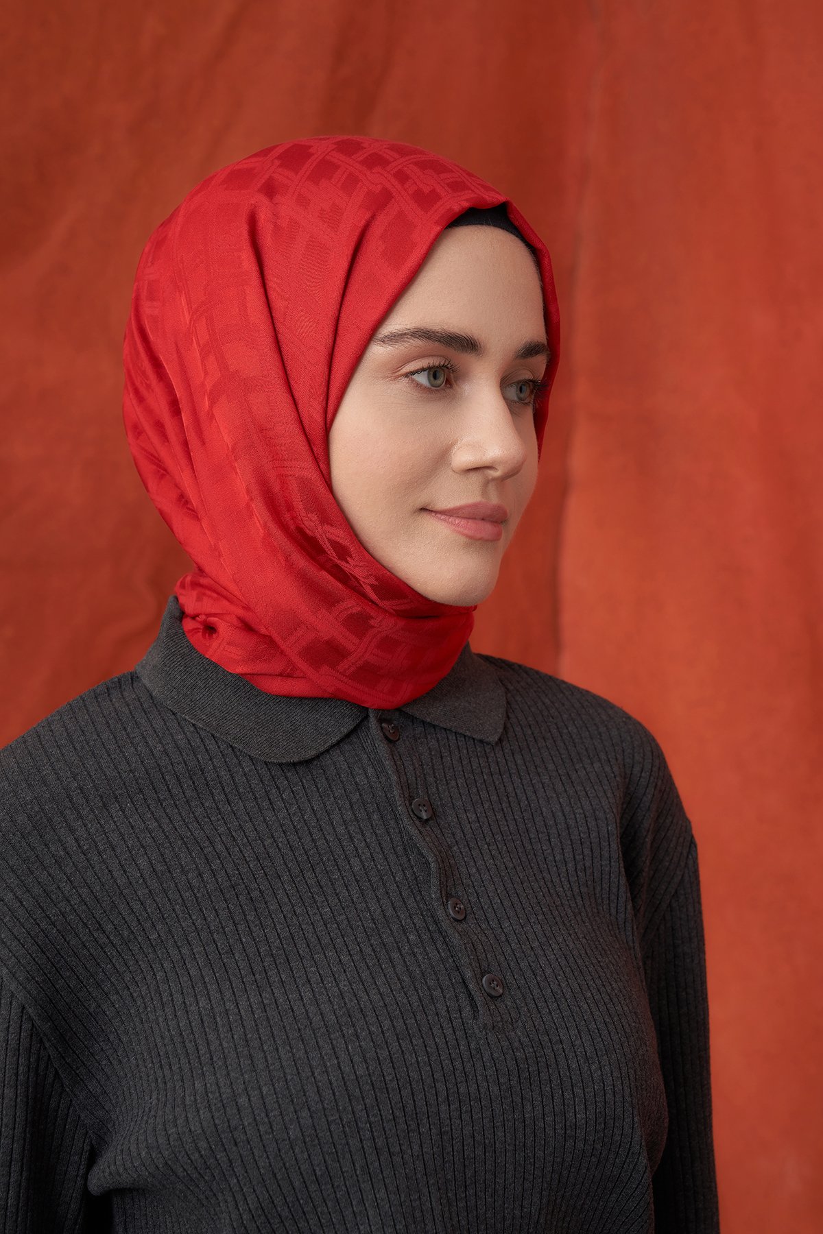 İTALYAN JAKAR BLOK DESEN ŞAL -  KIRMIZI