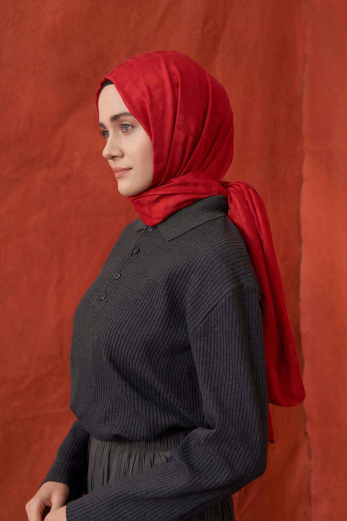 İTALYAN JAKAR BLOK DESEN ŞAL -  KIRMIZI