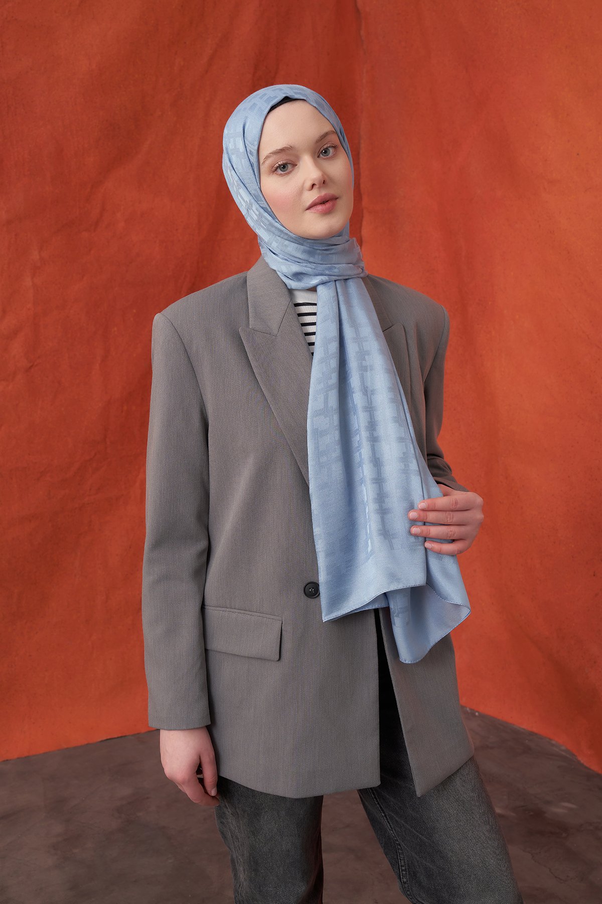 İTALYAN JAKAR BLOK DESEN ŞAL - KOT MAVİSİ