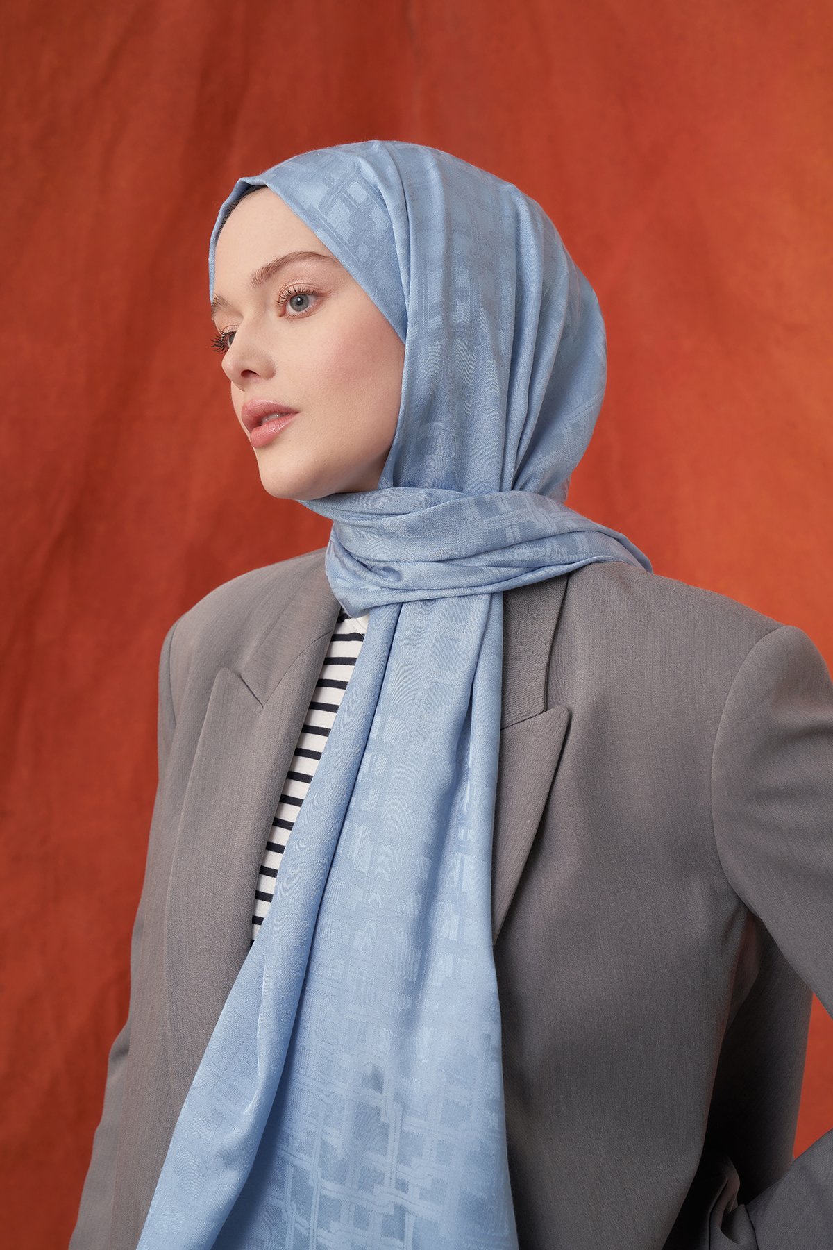 İTALYAN JAKAR BLOK DESEN ŞAL - KOT MAVİSİ