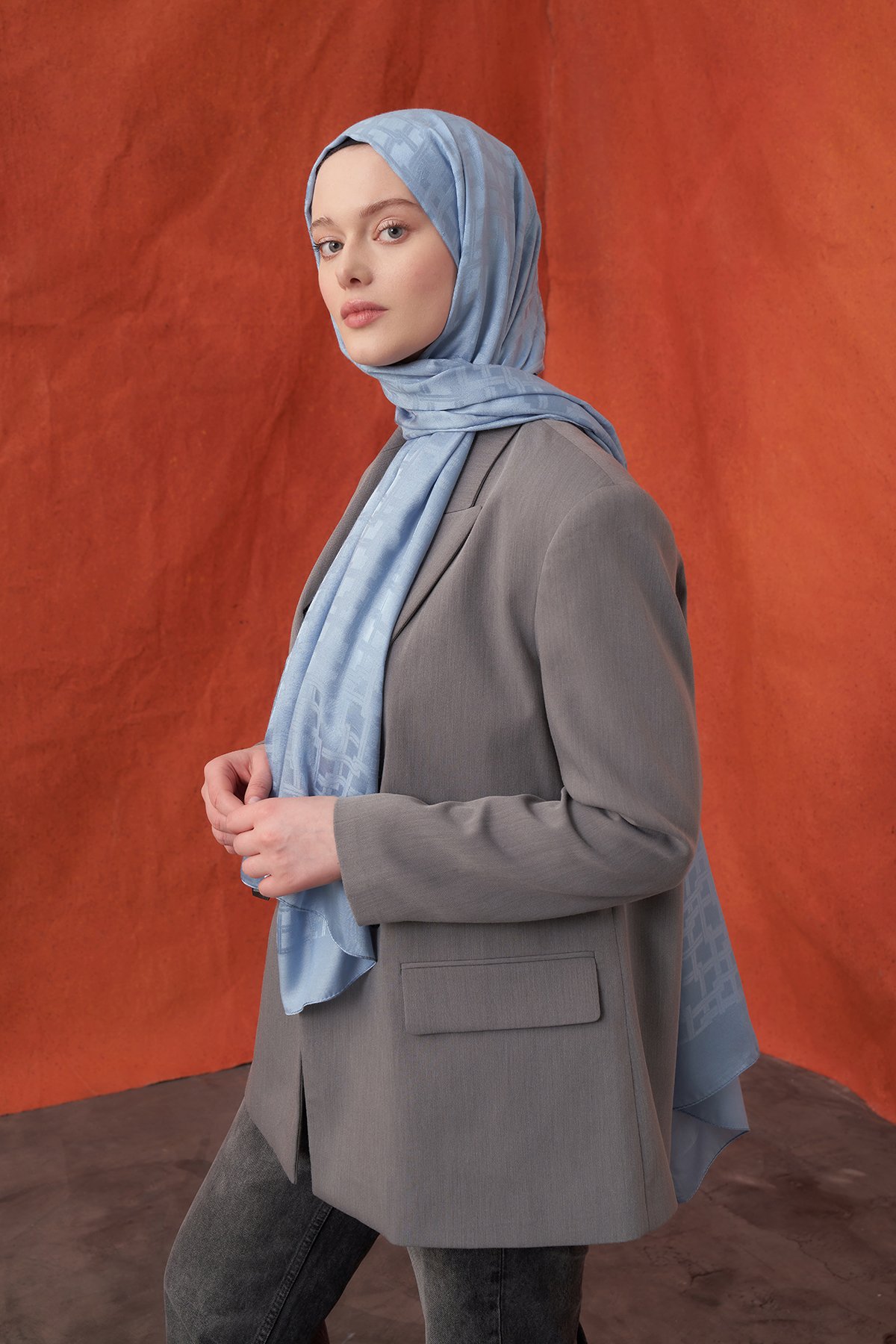 İTALYAN JAKAR BLOK DESEN ŞAL - KOT MAVİSİ