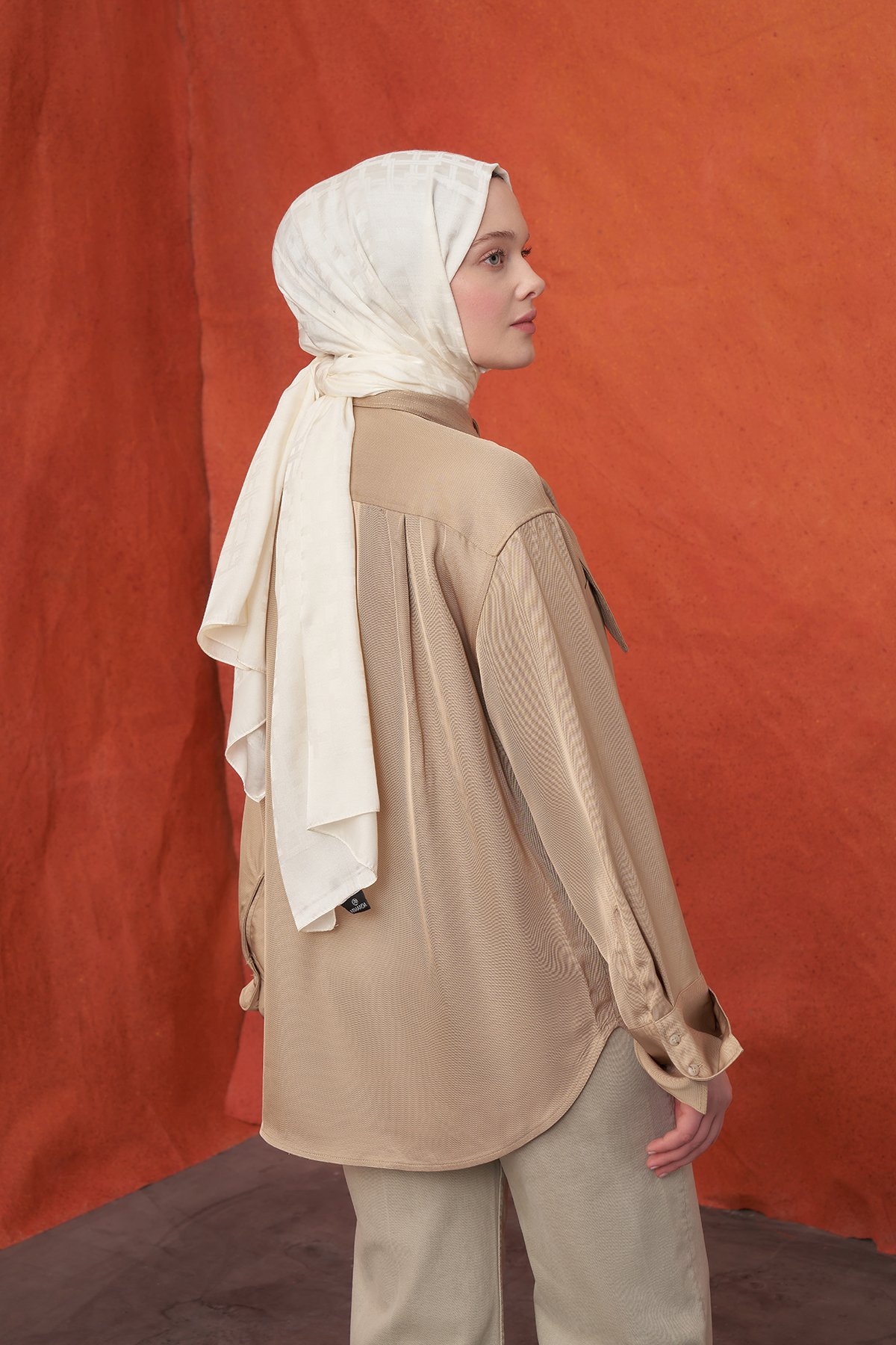 İTALYAN JAKAR BLOK DESEN ŞAL -  KREM