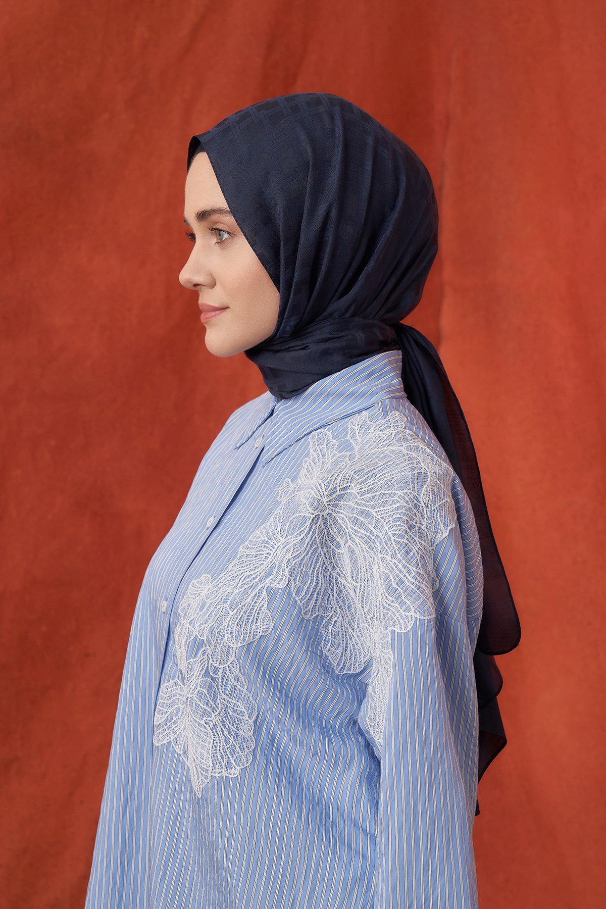 İTALYAN JAKAR BLOK DESEN ŞAL -  LACİVERT