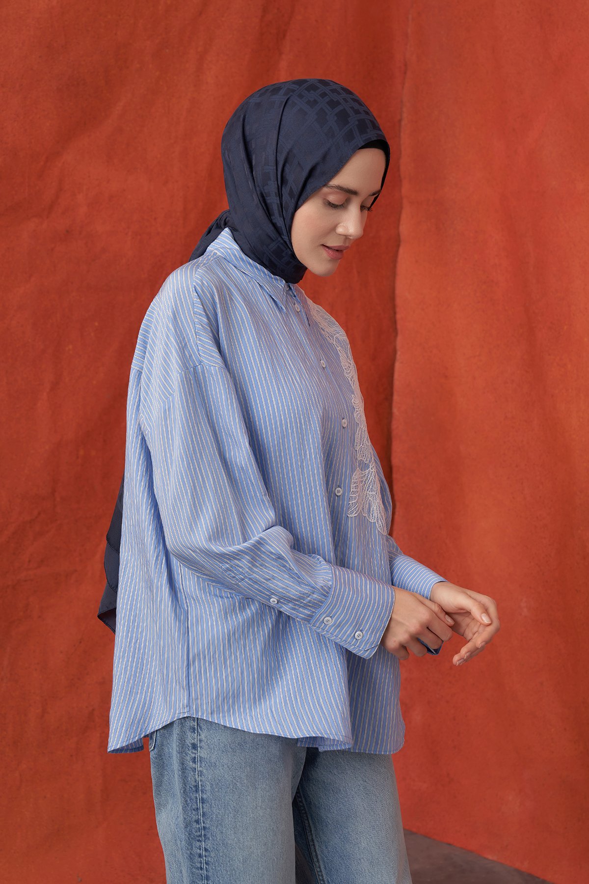 İTALYAN JAKAR BLOK DESEN ŞAL -  LACİVERT