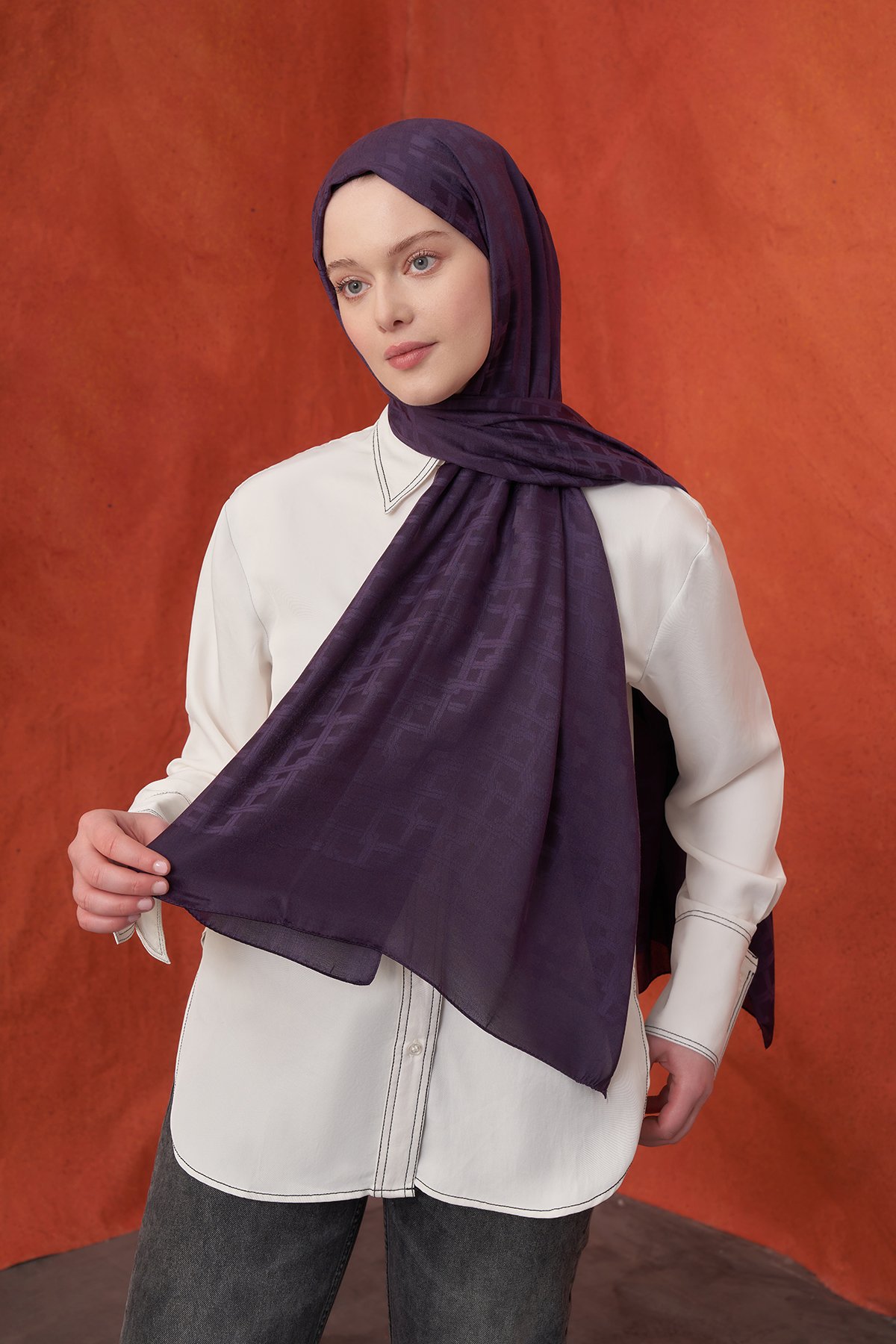 İTALYAN JAKAR BLOK DESEN ŞAL -  MÜRDÜM