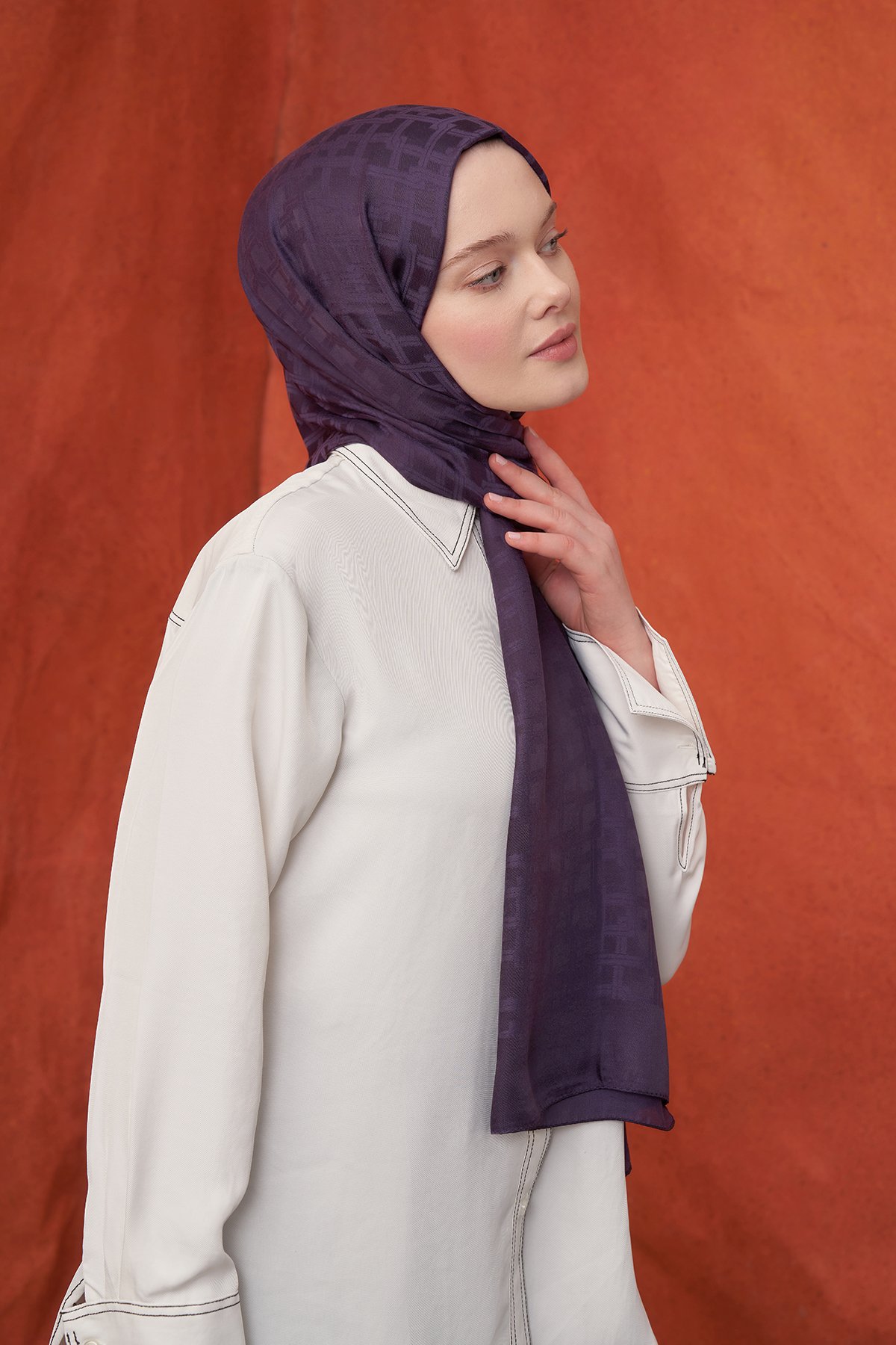 İTALYAN JAKAR BLOK DESEN ŞAL -  MÜRDÜM