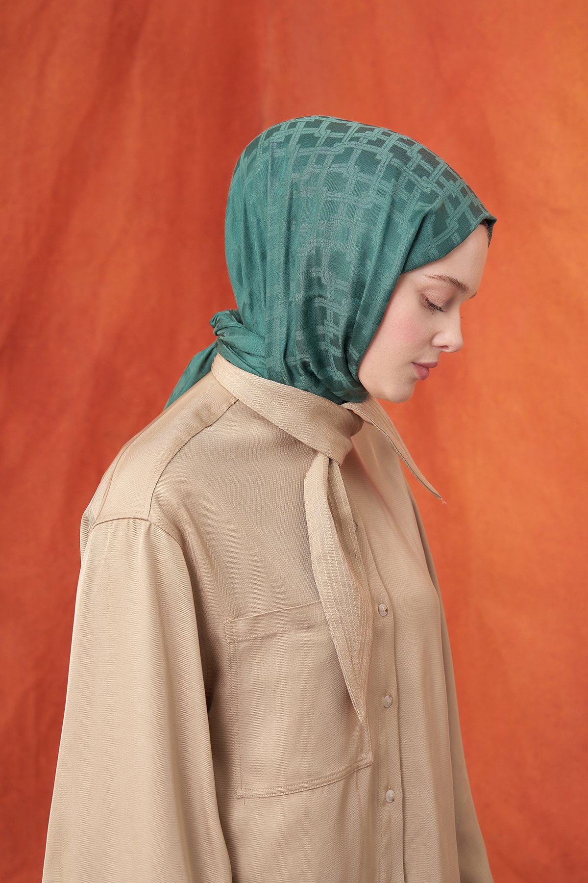 İTALYAN JAKAR BLOK DESEN ŞAL -  PETROL YEŞİLİ