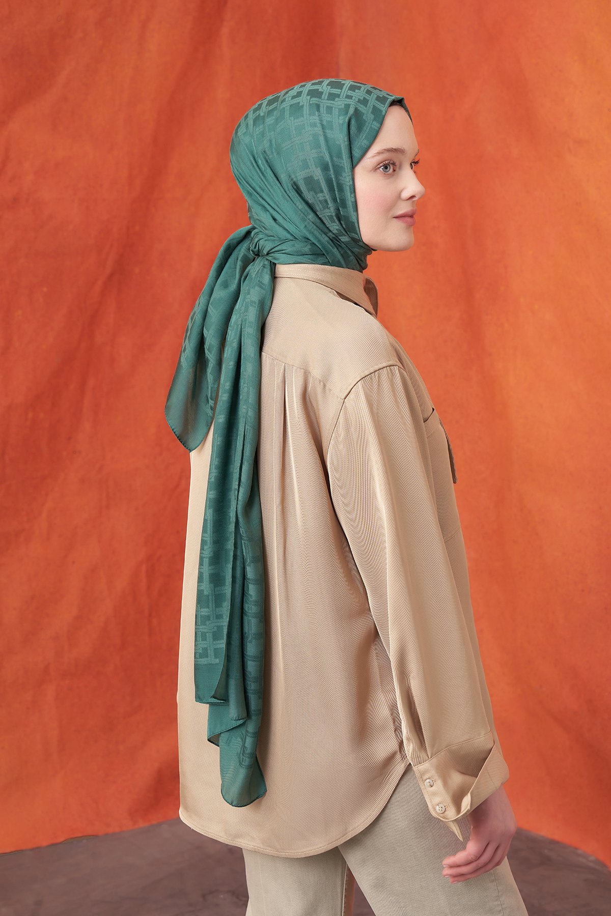 İTALYAN JAKAR BLOK DESEN ŞAL -  PETROL YEŞİLİ