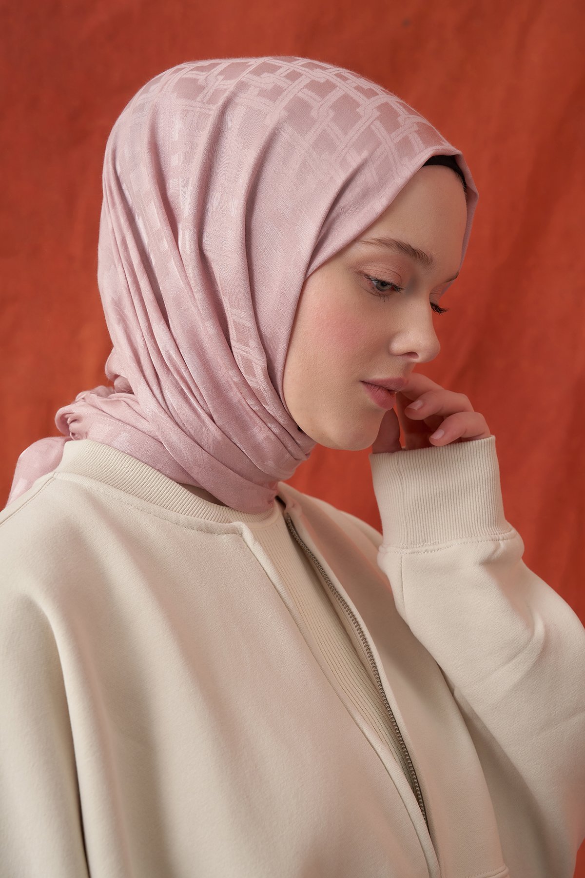 İTALYAN JAKAR BLOK DESEN ŞAL -  PUDRA