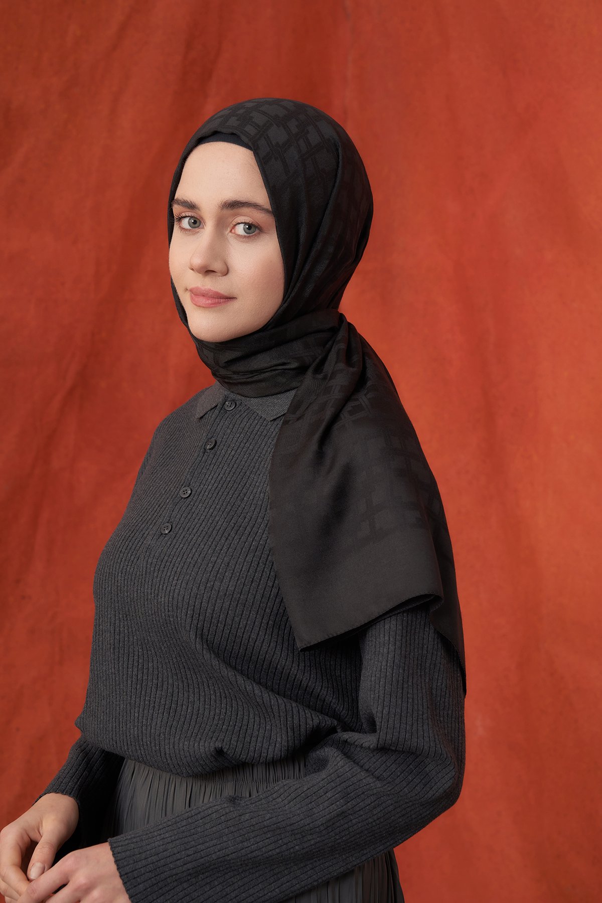 İTALYAN JAKAR BLOK DESEN ŞAL -  SİYAH