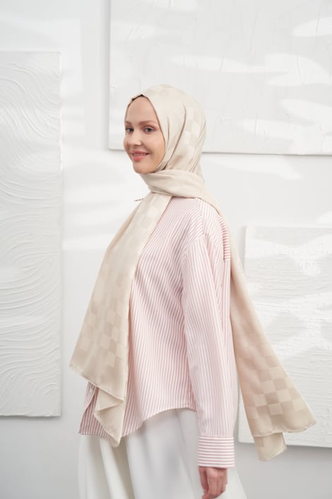 İTALYAN JAKAR DAMA DESEN ŞAL - AÇIK BEJ