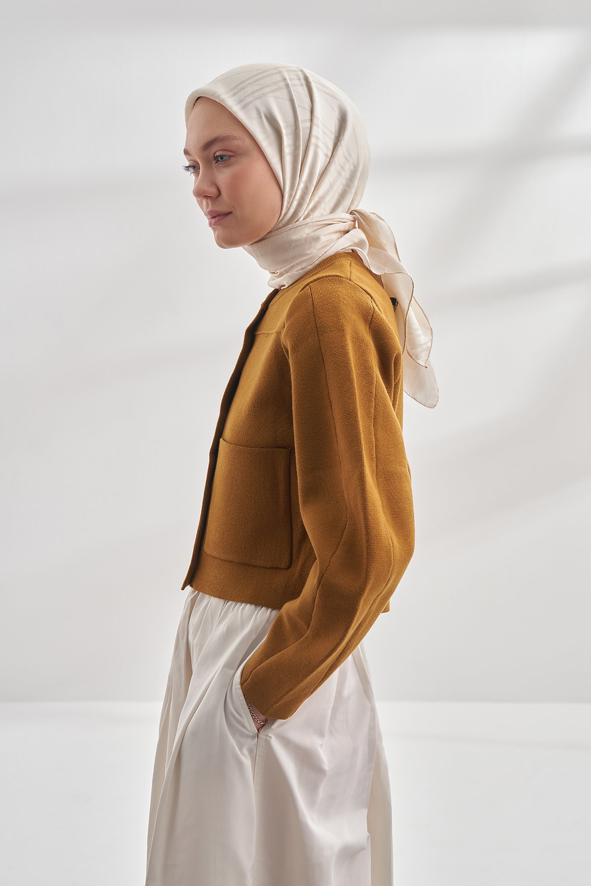 İTALYAN JAKAR ŞERİT DESEN EŞARP - AÇIK BEJ