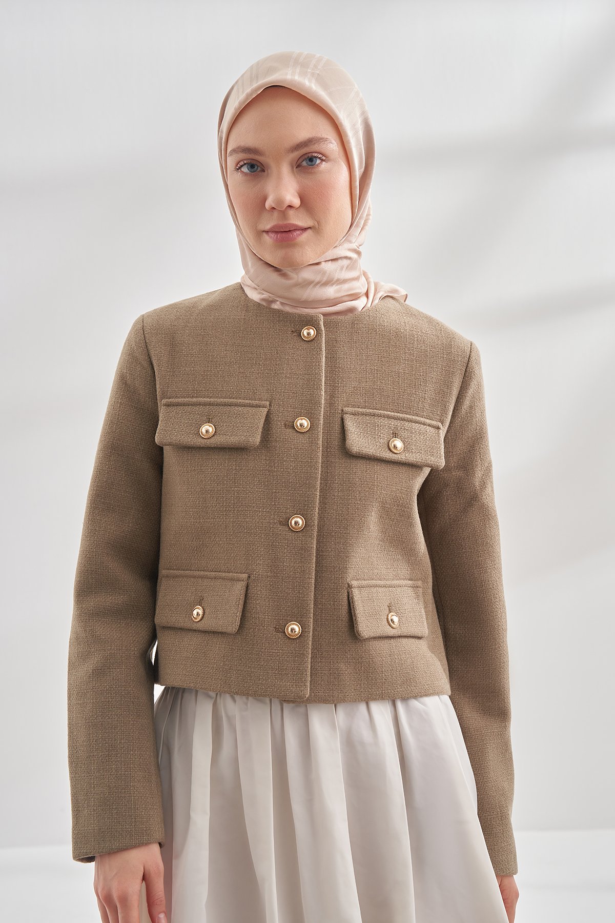 İTALYAN JAKAR ŞERİT DESEN EŞARP - BEJ