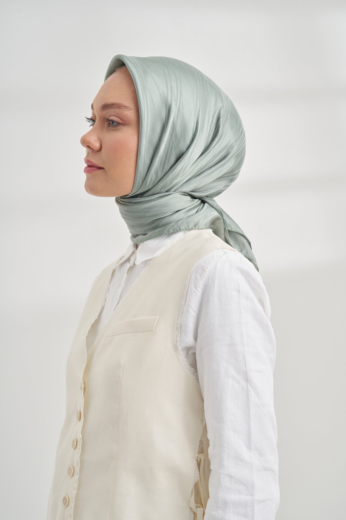 İTALYAN JAKAR ŞERİT DESEN EŞARP - KETEN YEŞİLİ