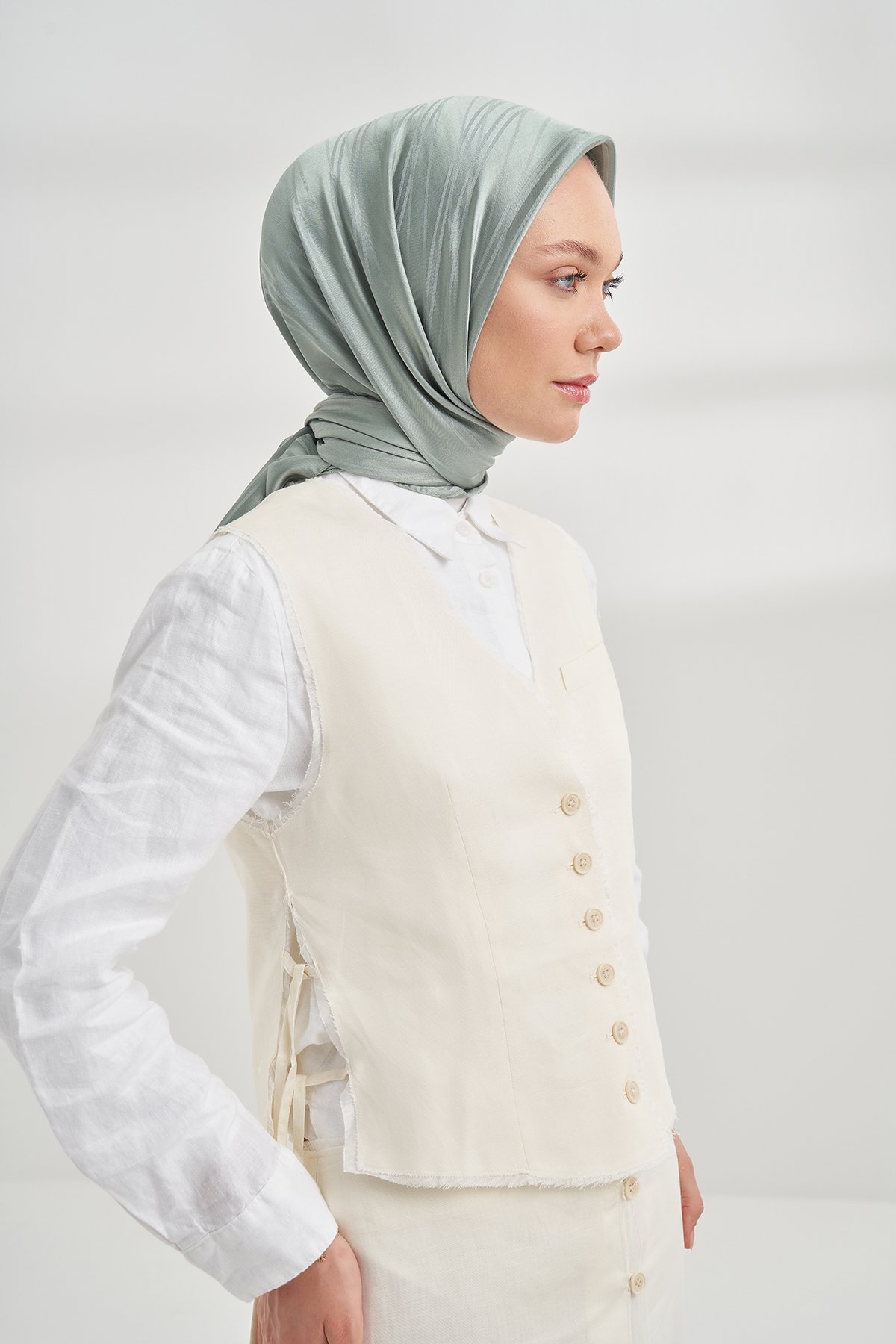 İTALYAN JAKAR ŞERİT DESEN EŞARP - KETEN YEŞİLİ