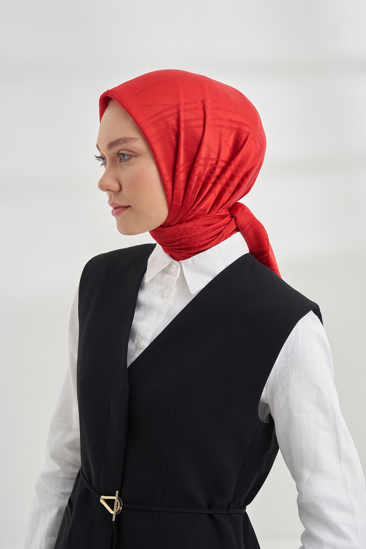 İTALYAN JAKAR ŞERİT DESEN EŞARP - KIRMIZI