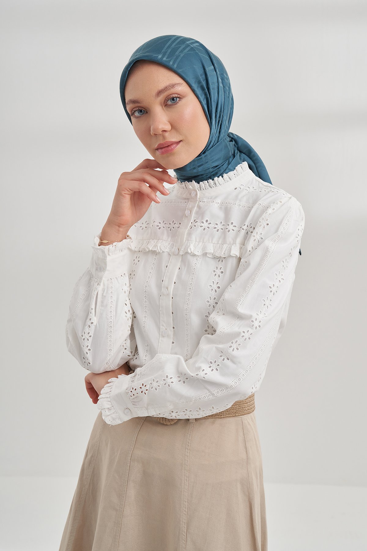 İTALYAN JAKAR ŞERİT DESEN EŞARP - PETROL YEŞİLİ