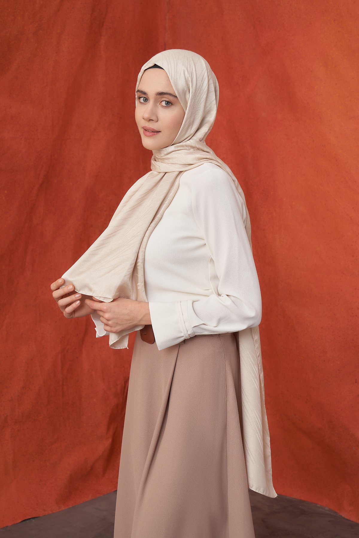 İTALYAN JAKAR ŞERİT DESEN ŞAL -  AÇIK BEJ