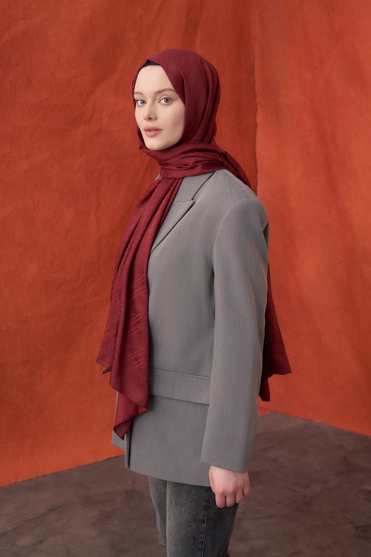 İTALYAN JAKAR ŞERİT DESEN ŞAL -  BORDO