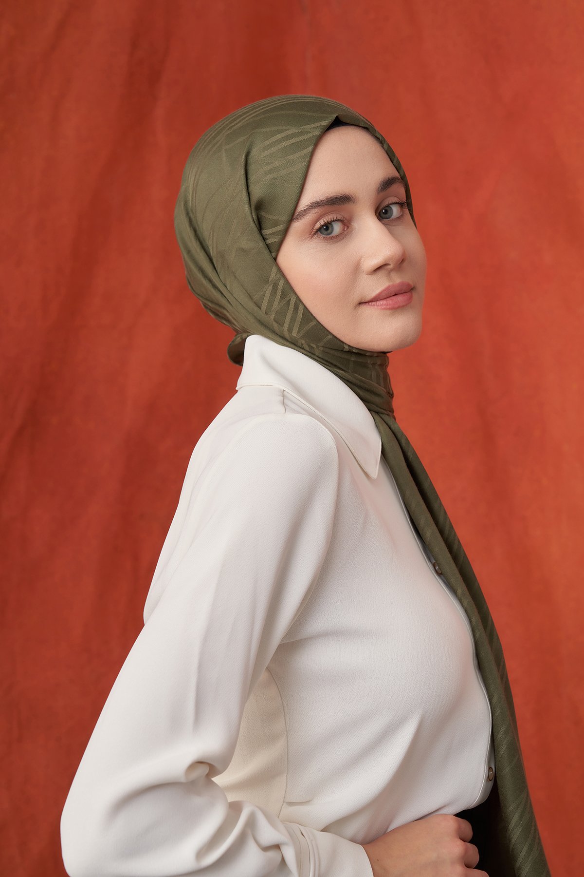 İTALYAN JAKAR ŞERİT DESEN ŞAL -  HAKİ