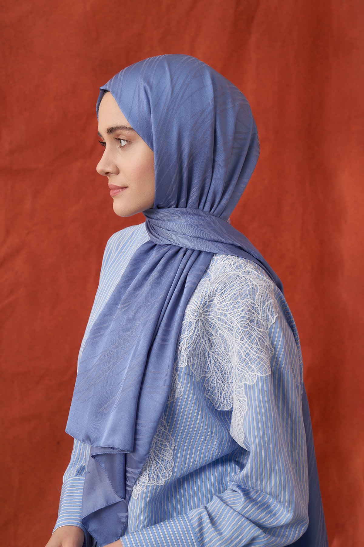 İTALYAN JAKAR ŞERİT DESEN ŞAL -  İNDİGO