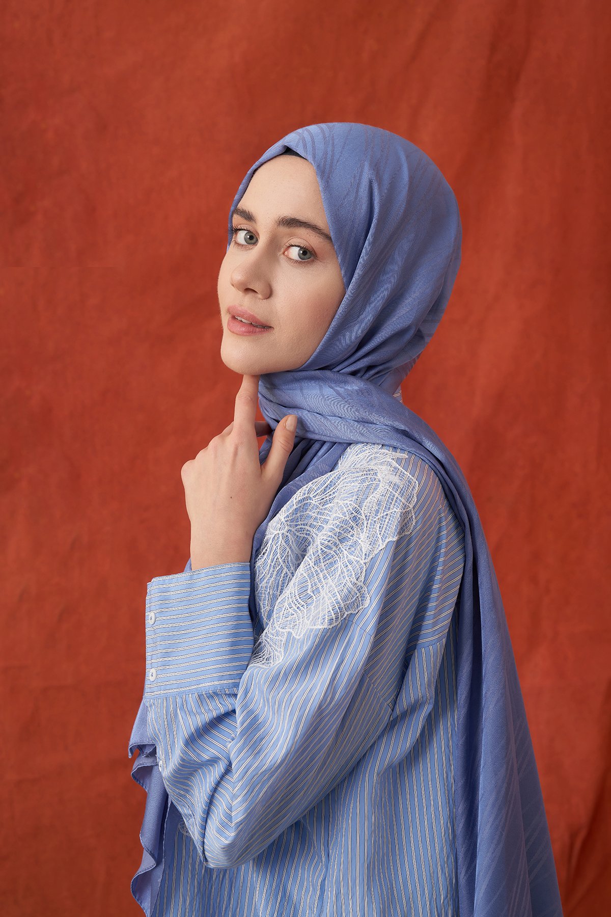 İTALYAN JAKAR ŞERİT DESEN ŞAL -  İNDİGO