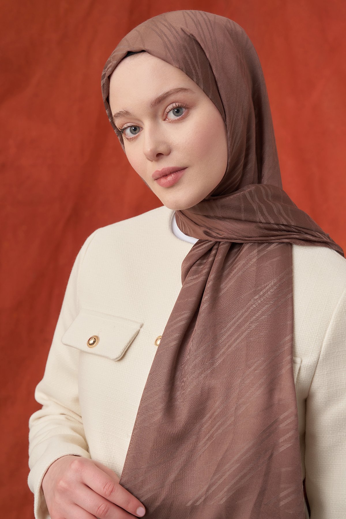 İTALYAN JAKAR ŞERİT DESEN ŞAL -  KAHVE