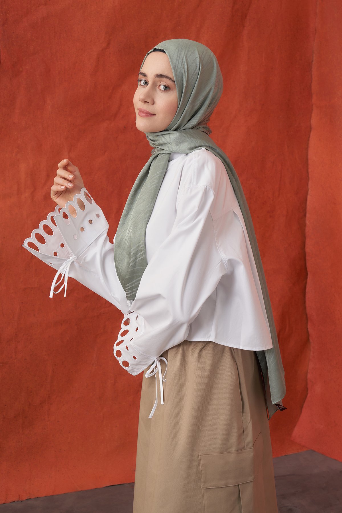 İTALYAN JAKAR ŞERİT DESEN ŞAL -  KETEN YEŞİLİ