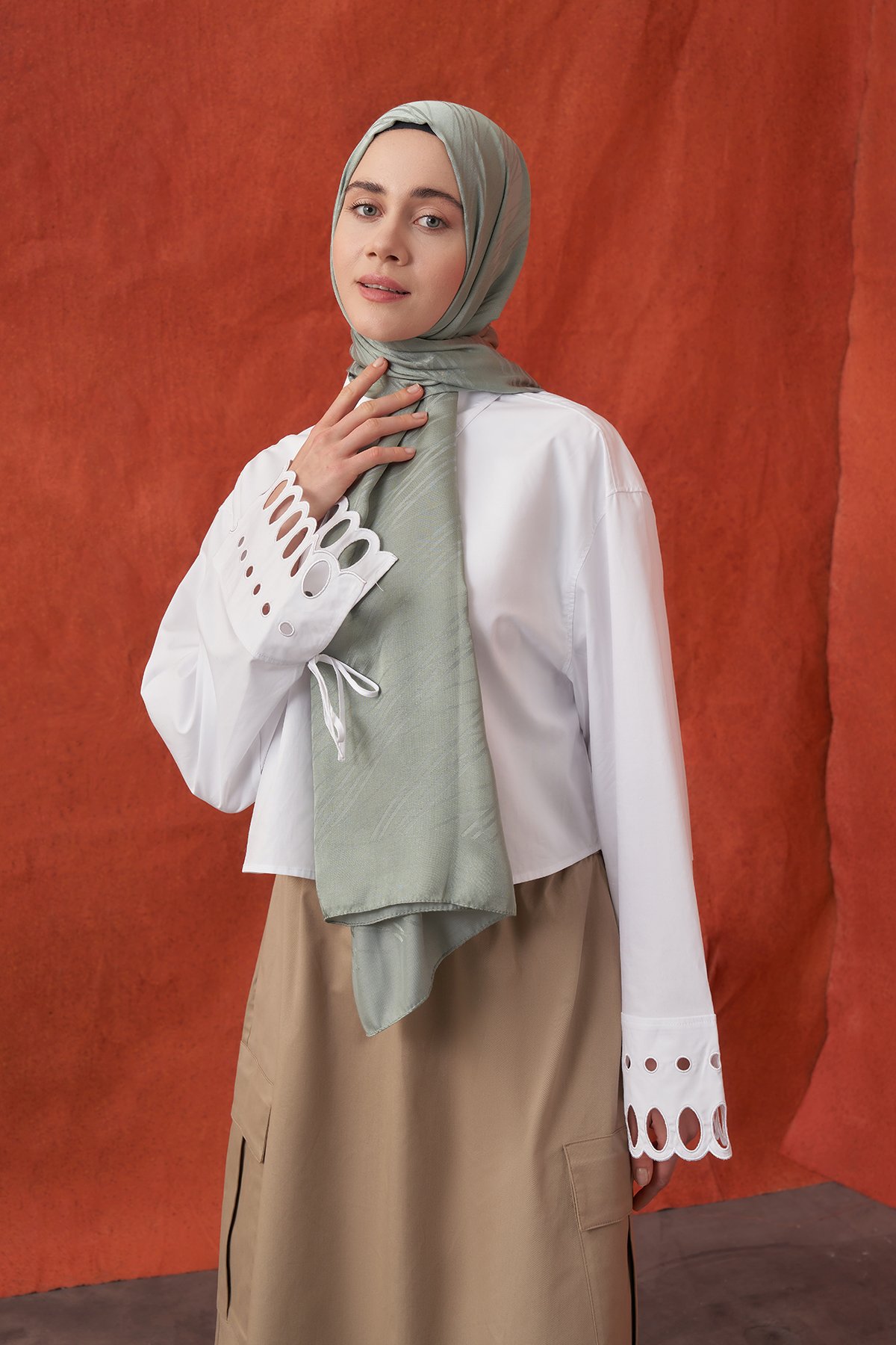 İTALYAN JAKAR ŞERİT DESEN ŞAL -  KETEN YEŞİLİ