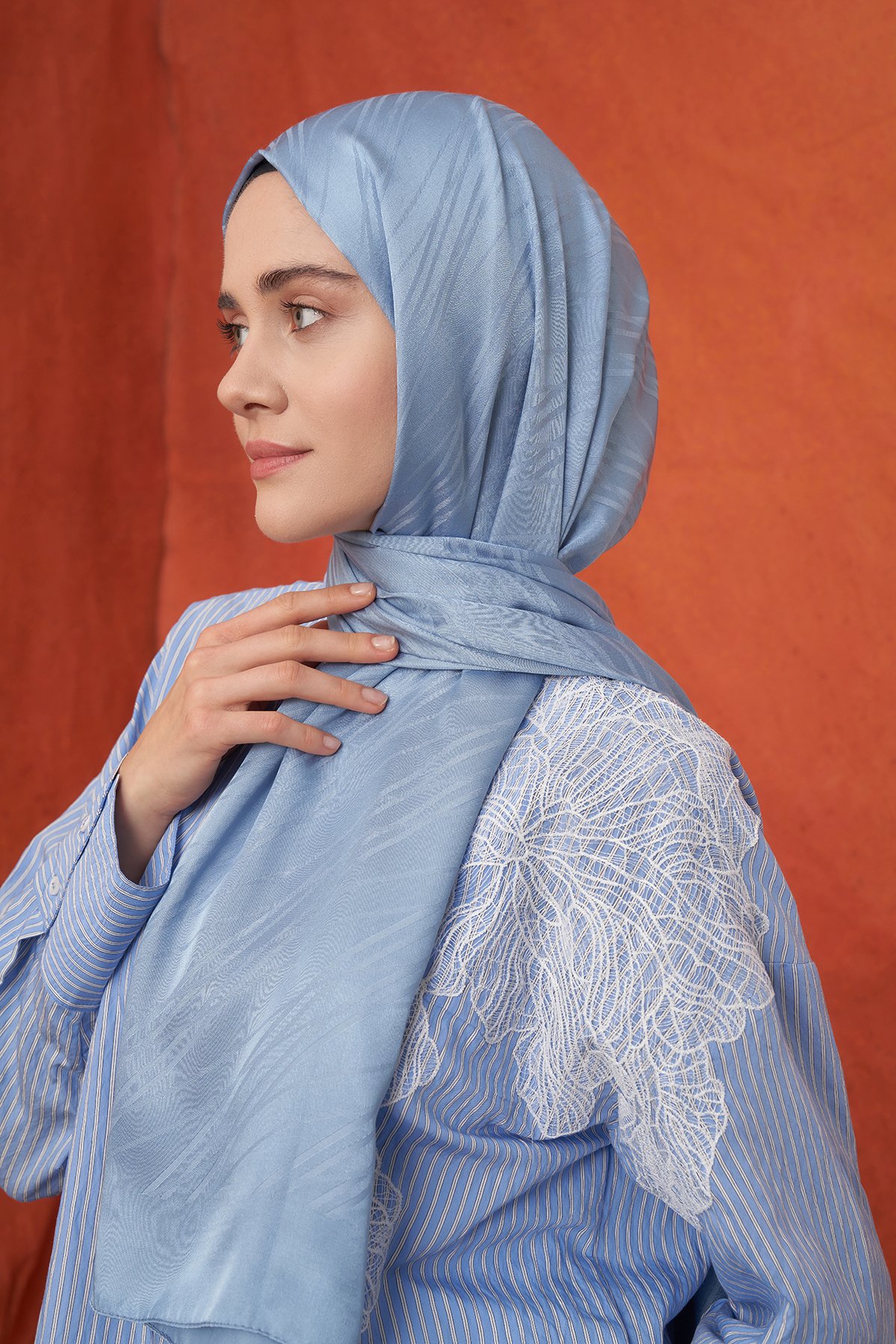 İTALYAN JAKAR ŞERİT DESEN ŞAL -  KOT MAVİSİ