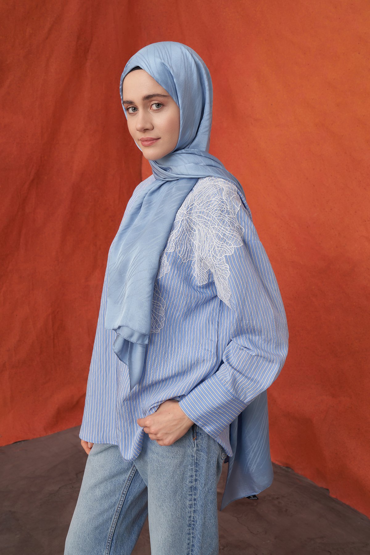 İTALYAN JAKAR ŞERİT DESEN ŞAL -  KOT MAVİSİ