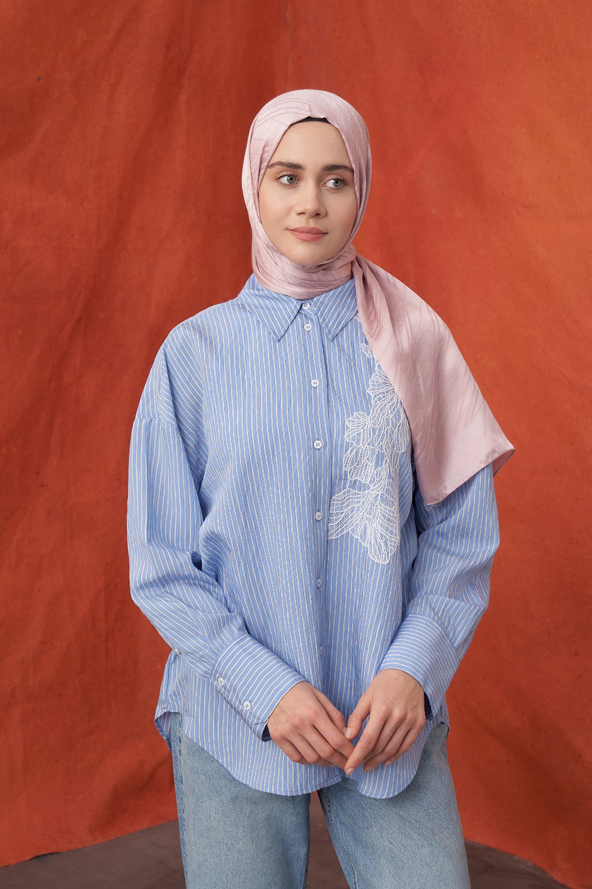 İTALYAN JAKAR ŞERİT DESEN ŞAL -  PUDRA