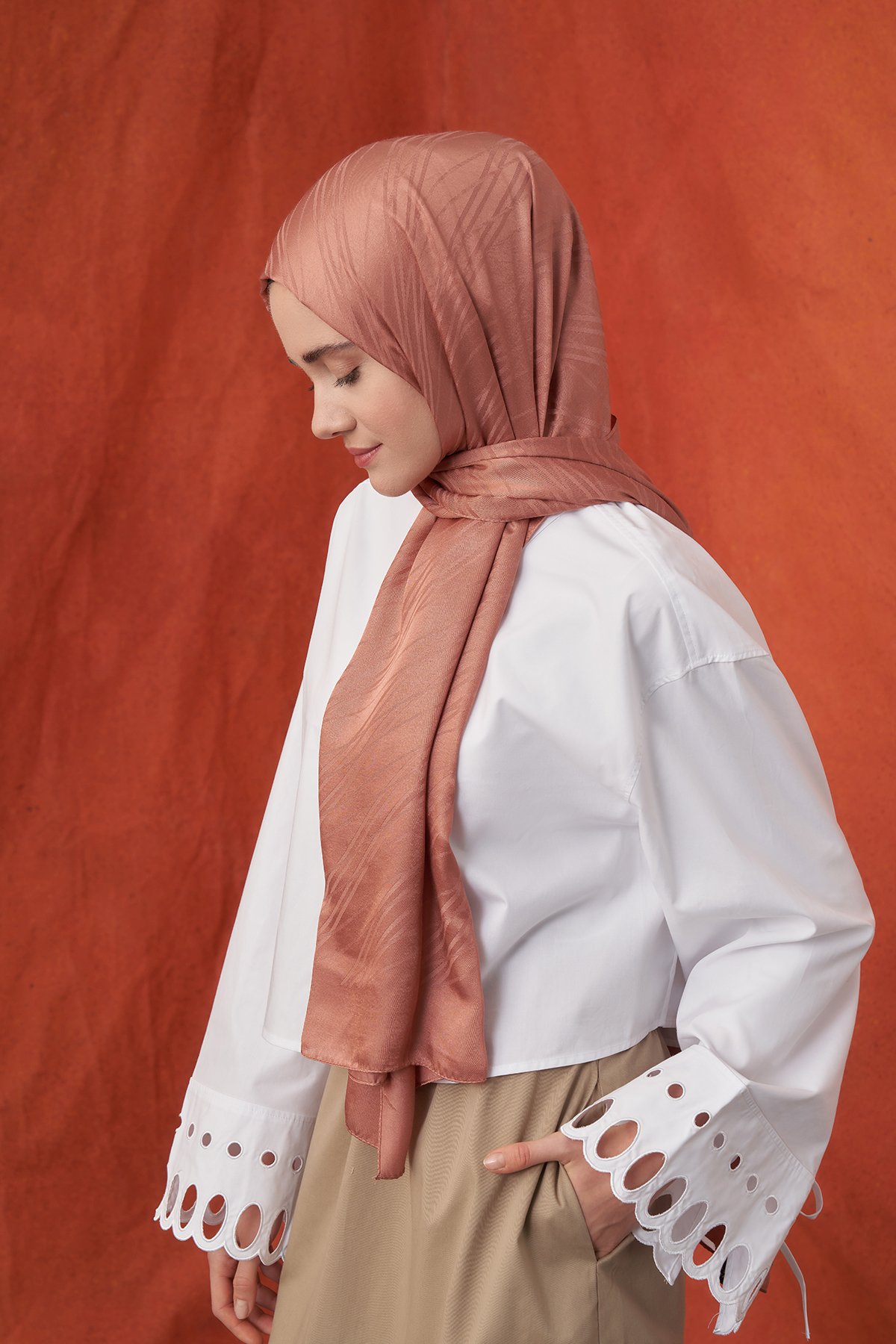 İTALYAN JAKAR ŞERİT DESEN ŞAL -  SOĞAN KABUĞU