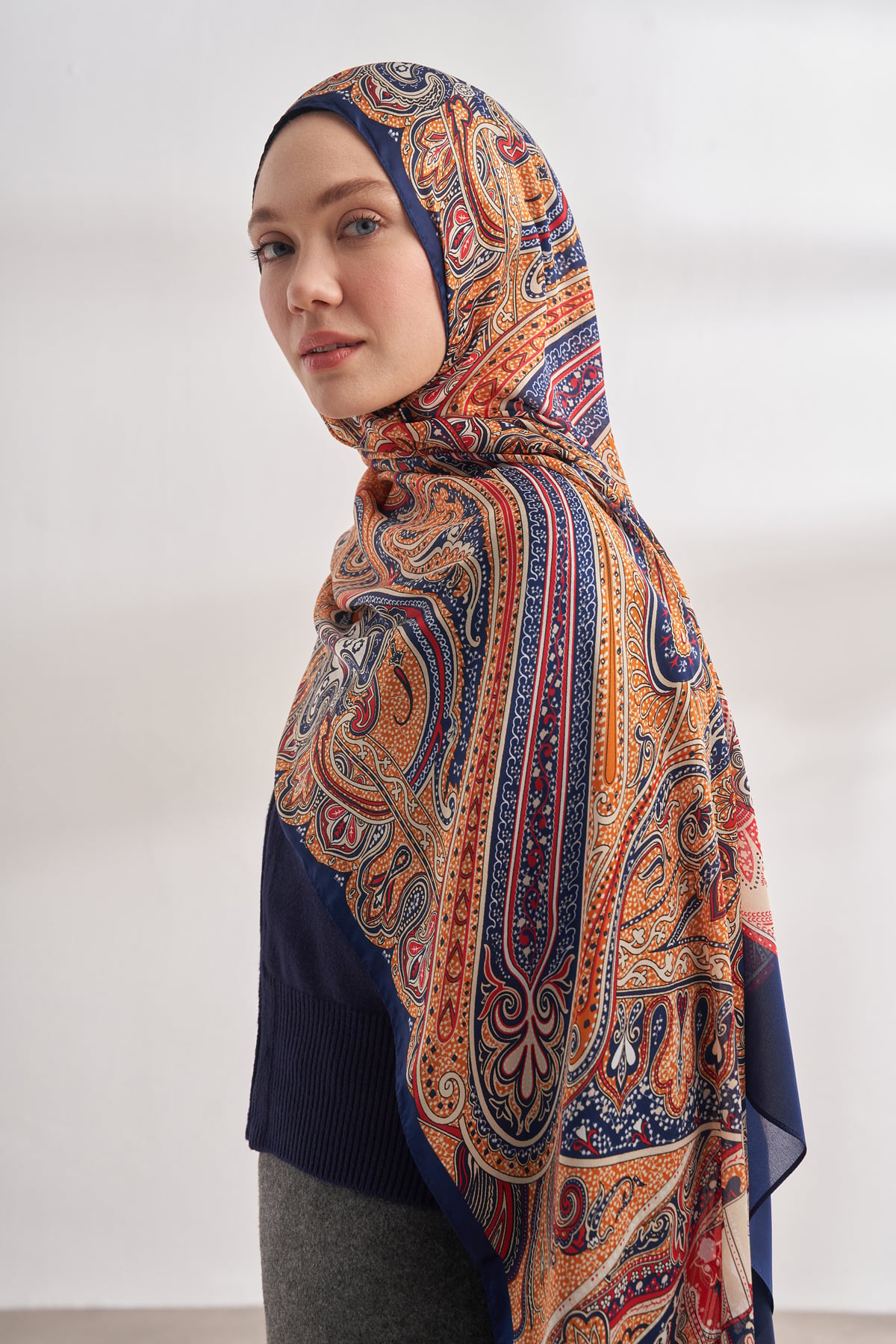 İTHAL VUAL BOHEMIAN DESEN ŞAL - LACİVERT-DORE
