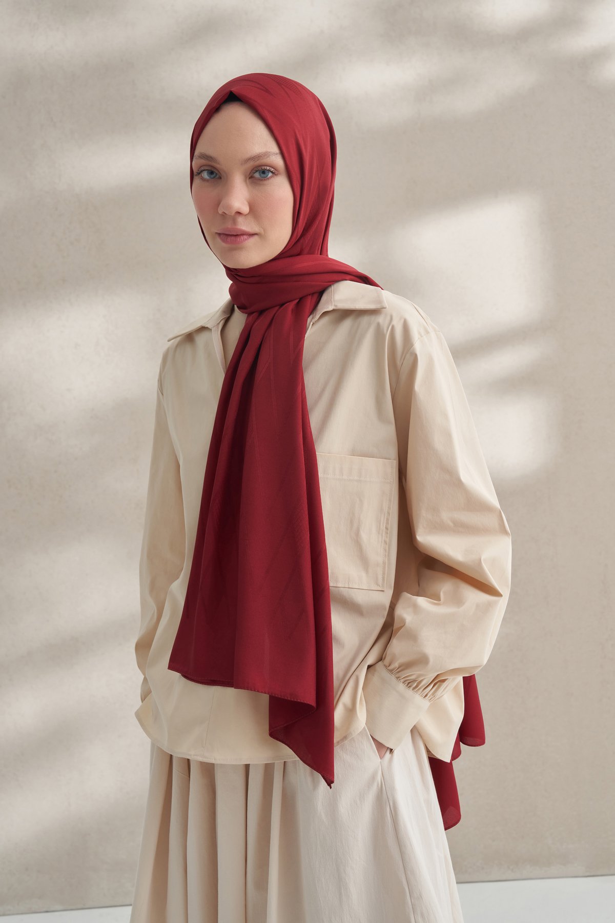 KREP JAKAR PRİZMA DESEN ŞAL -  BORDO