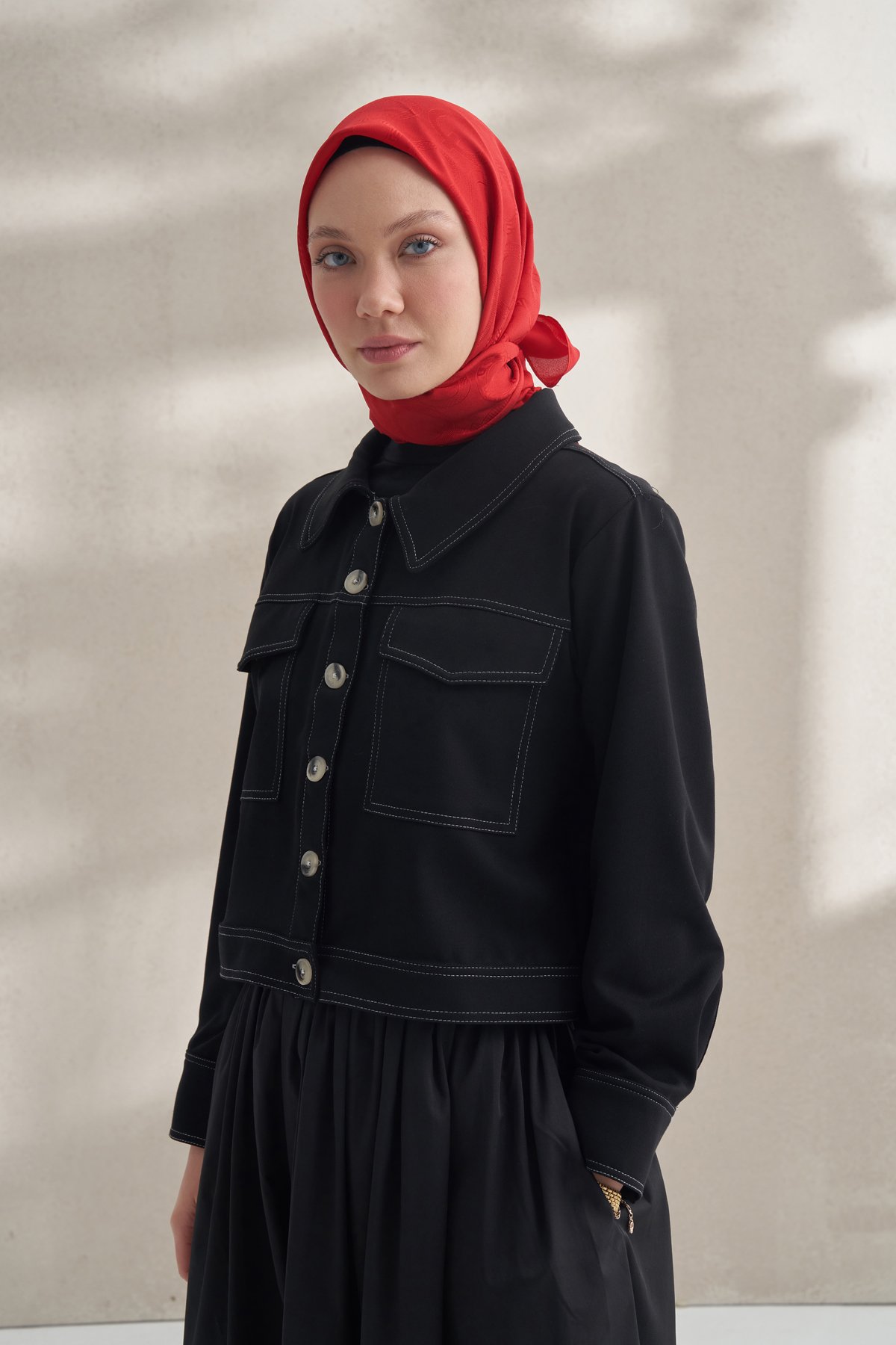 KREP JAKAR Q DESEN EŞARP -  KIRMIZI