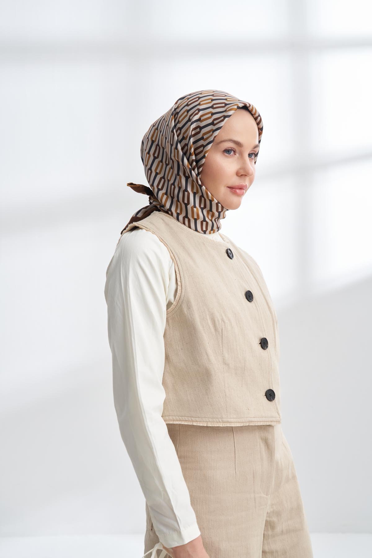 LINE DESEN TWILL İPEK EŞARP  - KAMEL