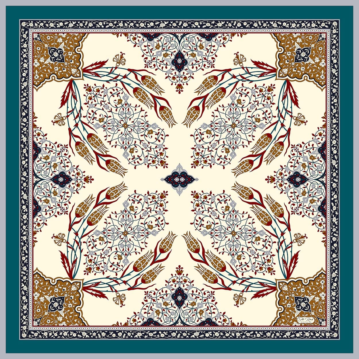 MIHRAB DESEN SATEN İPEK EŞARP - DORE - KREM