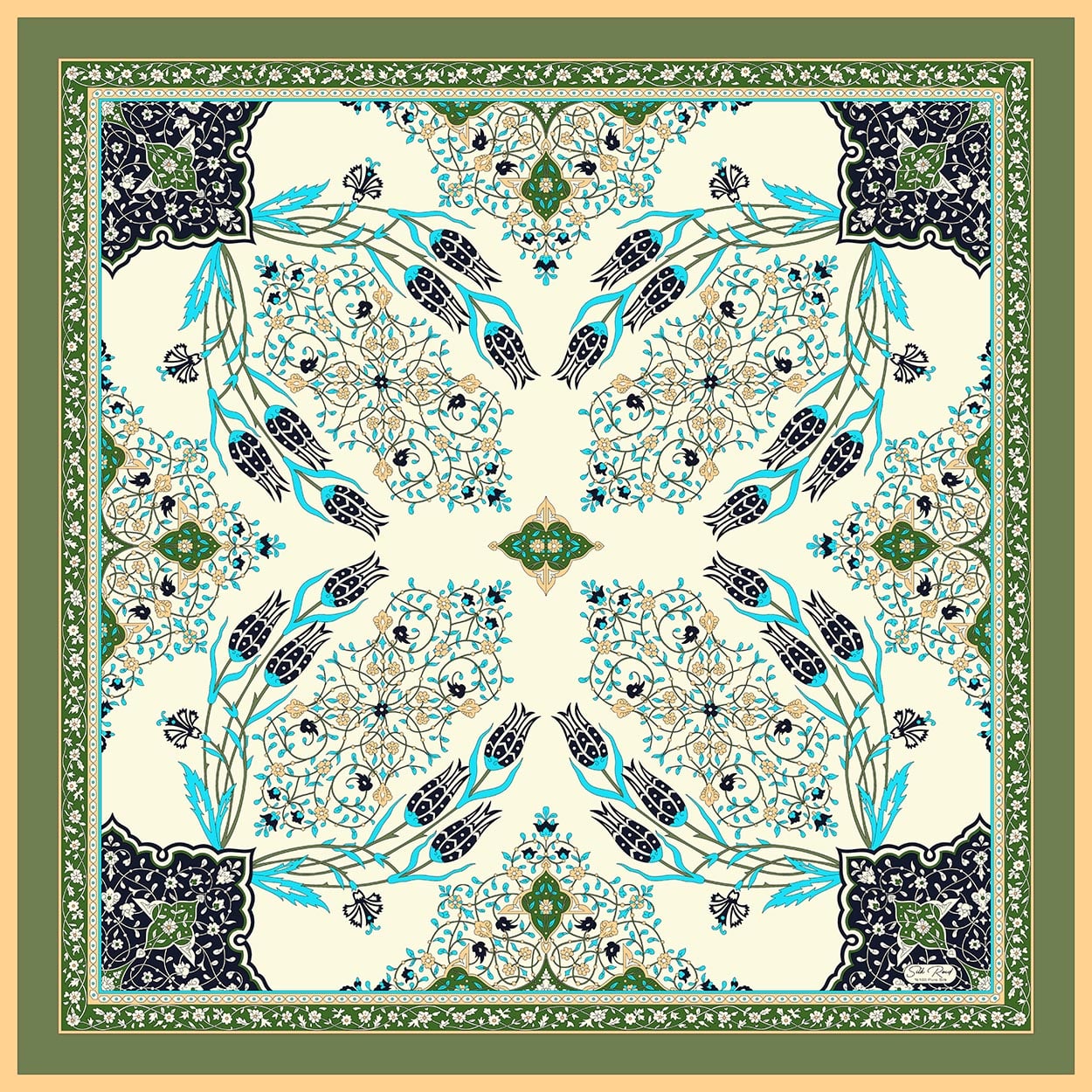 MIHRAB DESEN SATEN İPEK EŞARP - KETEN YEŞİLİ