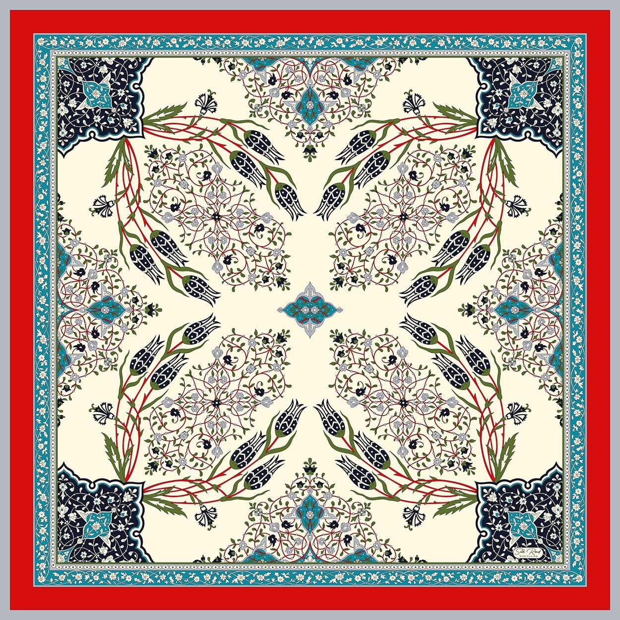 MIHRAB DESEN SATEN İPEK EŞARP - KIRMIZI - KREM