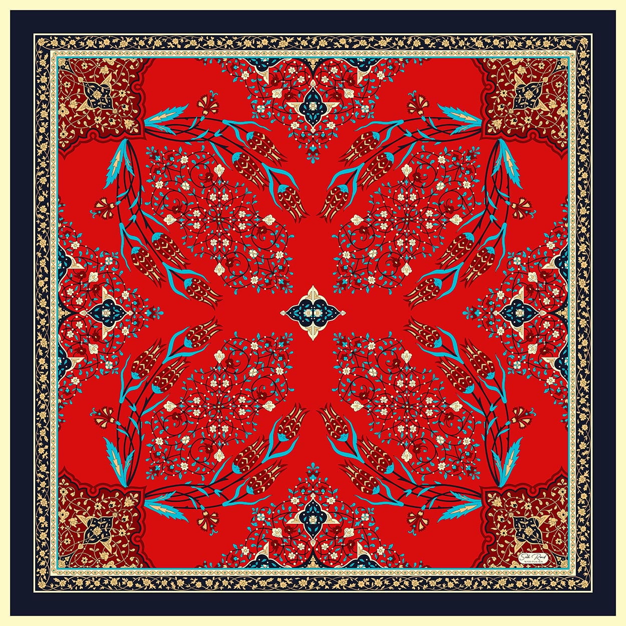 MIHRAB DESEN SATEN İPEK EŞARP - LACİVERT - KIRMIZI