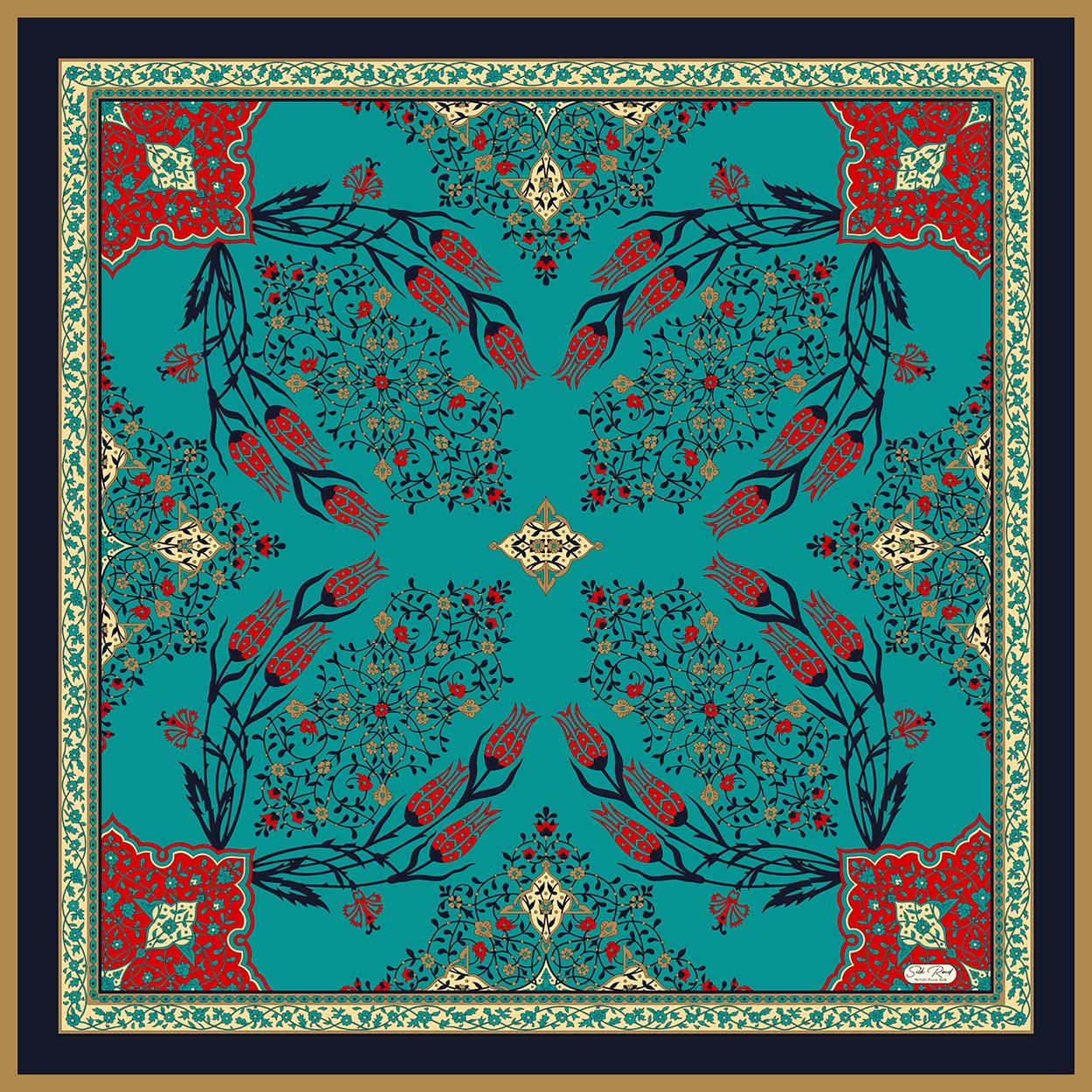 MIHRAB DESEN SATEN İPEK EŞARP - LACİVERT - AQUA