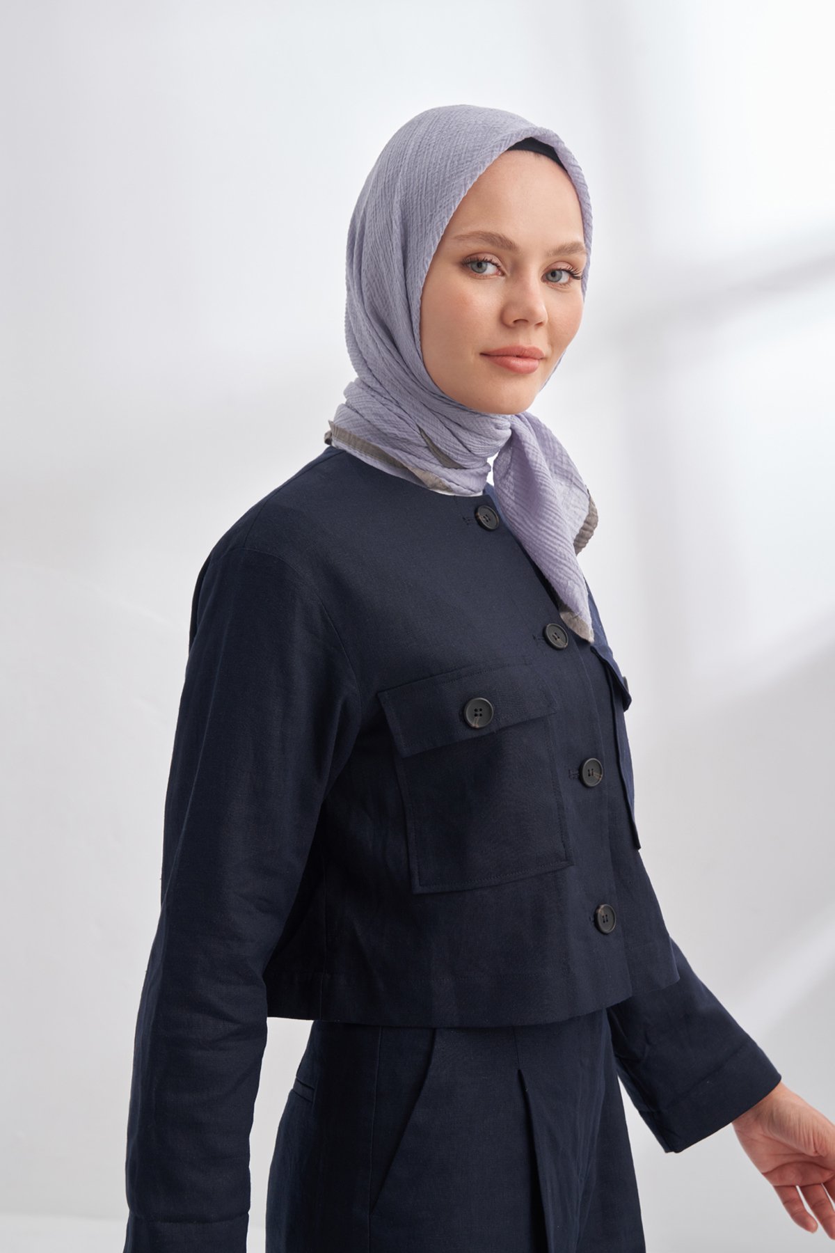 MÜSLİN BİYELİ EŞARP - GRİ MAVİ