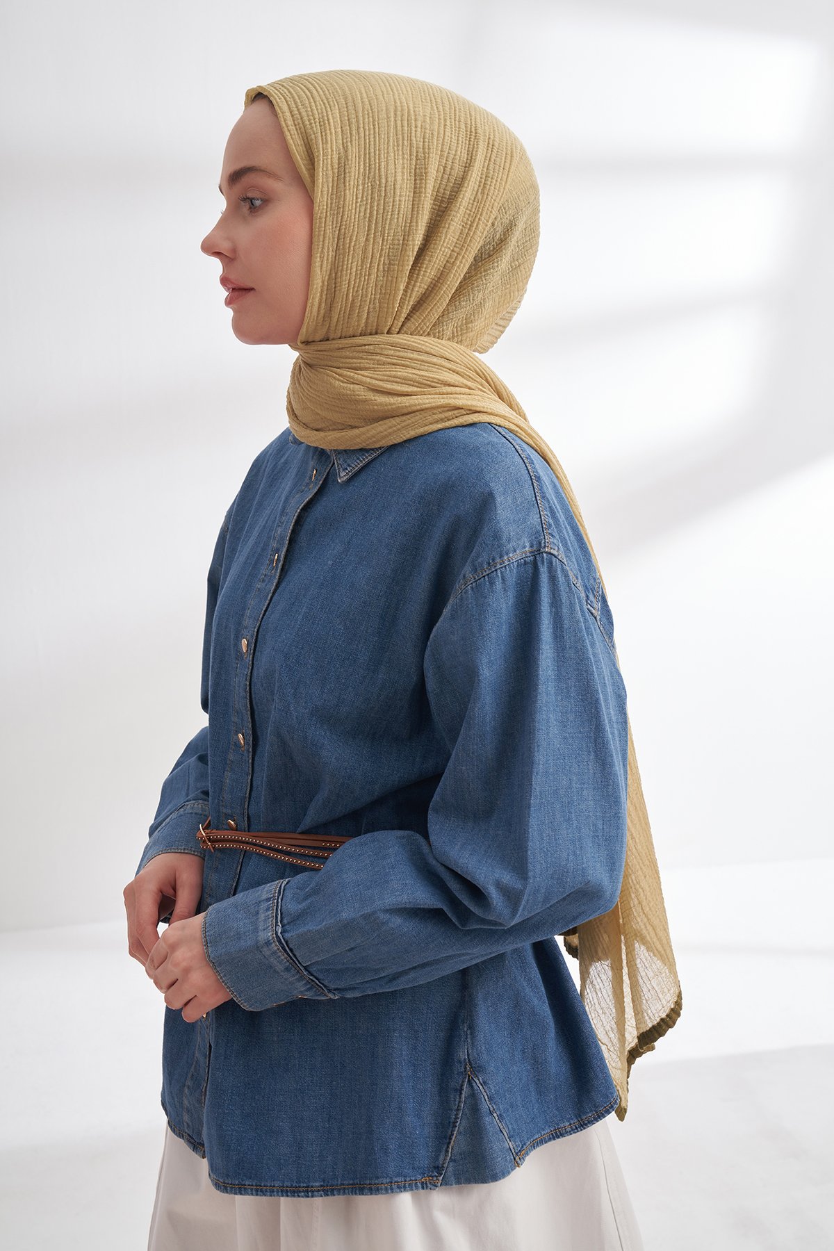 MÜSLİN BİYELİ ŞAL - SOFT OLIVE