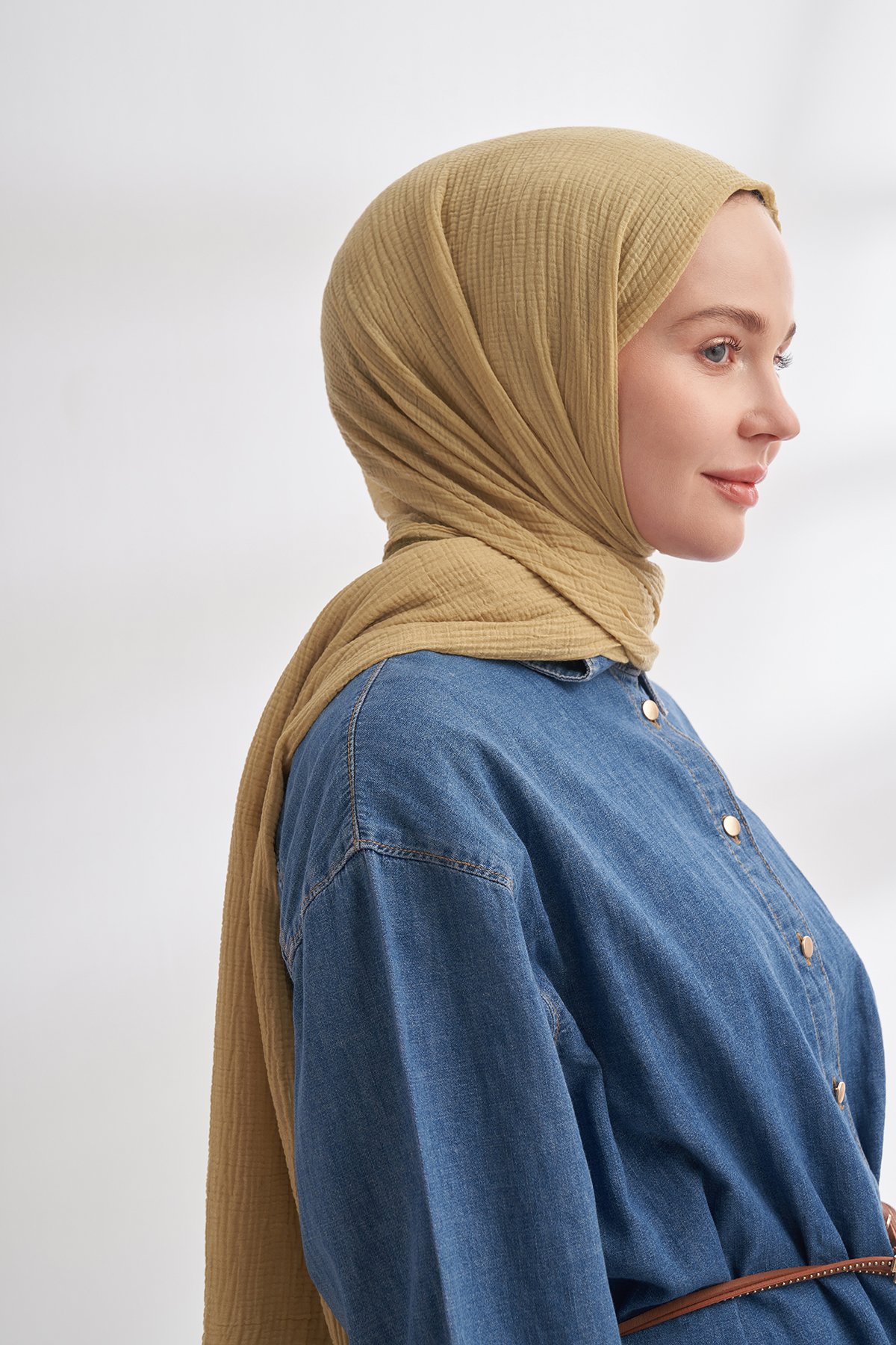 MÜSLİN BİYELİ ŞAL - SOFT OLIVE