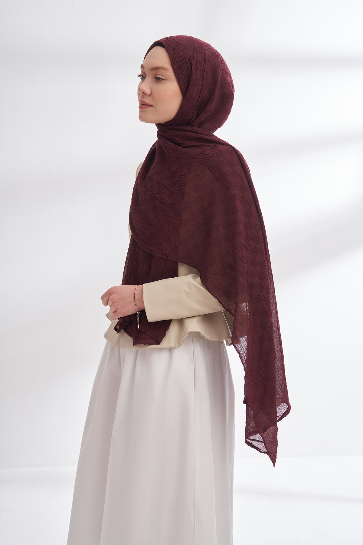 MÜSLİN DAMA DESEN ŞAL - BURGUNDY