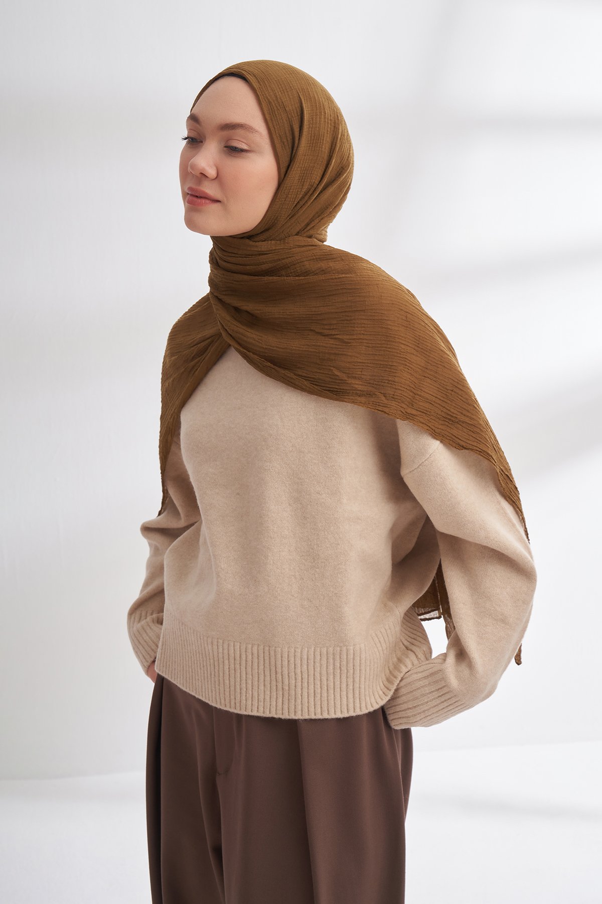 MÜSLİN DAMA DESEN ŞAL - KOYU YAĞ YEŞİLİ