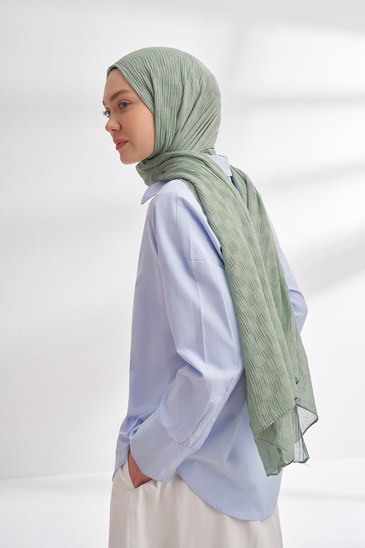 MÜSLİN DAMA DESEN ŞAL - MİNT YEŞİLİ
